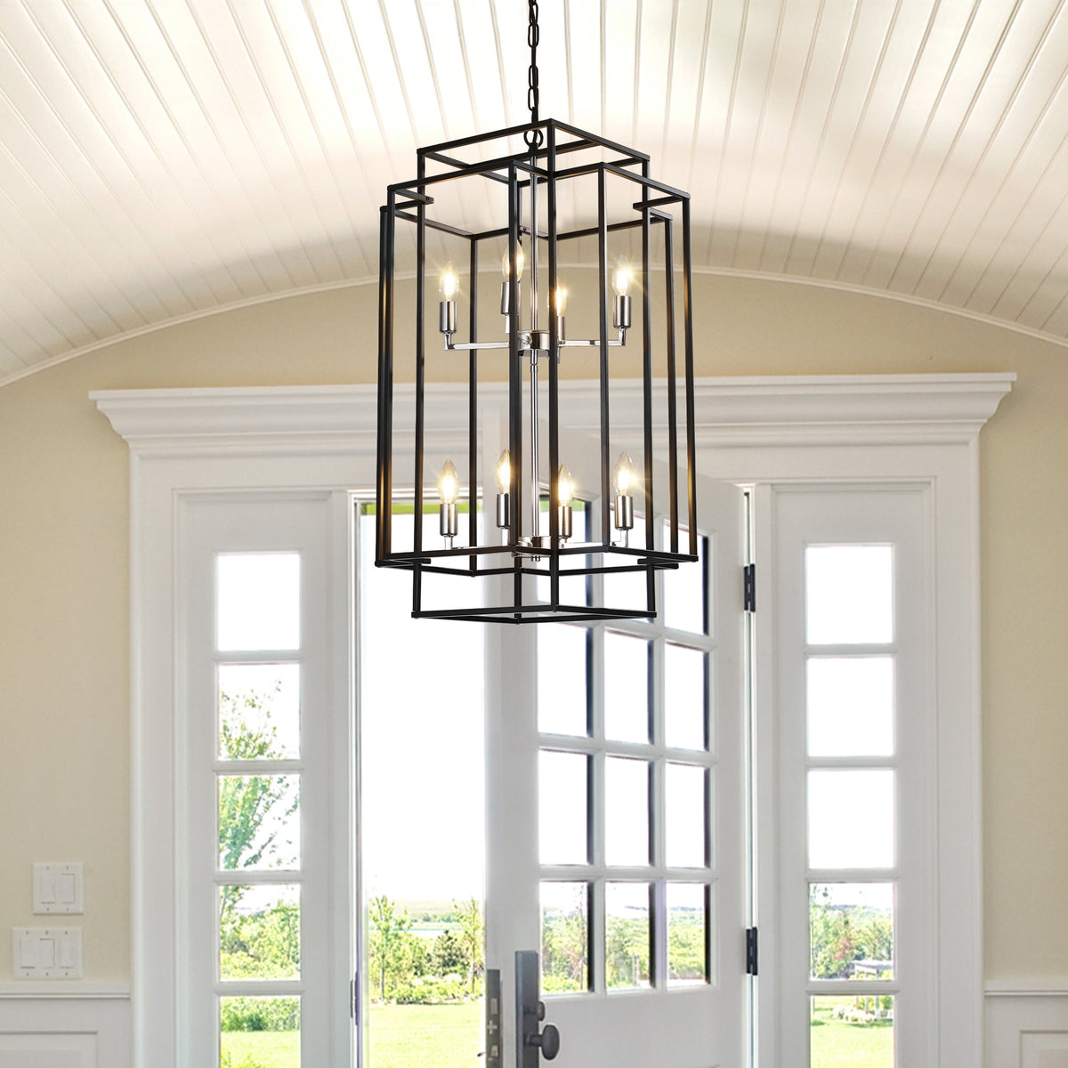 Modern 8-Light Geometric Pendant Chandelier with Adjustable Height - Chrome