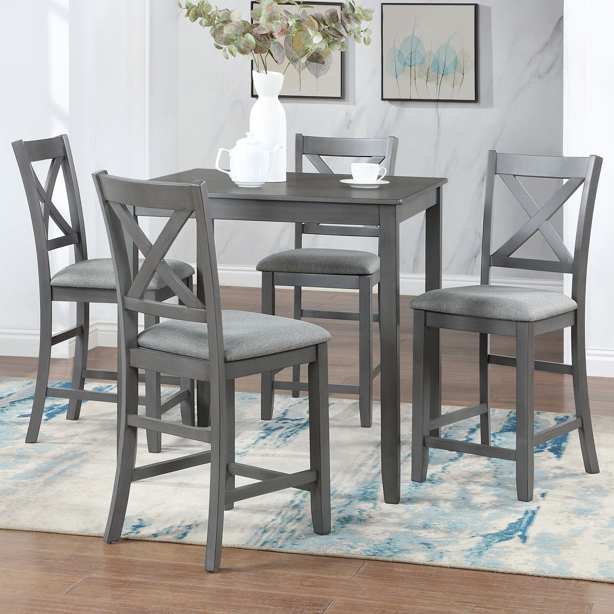 Wooden 5 Piece Dining Table Set with Square Counter Height Table - Gray or Dark Brown