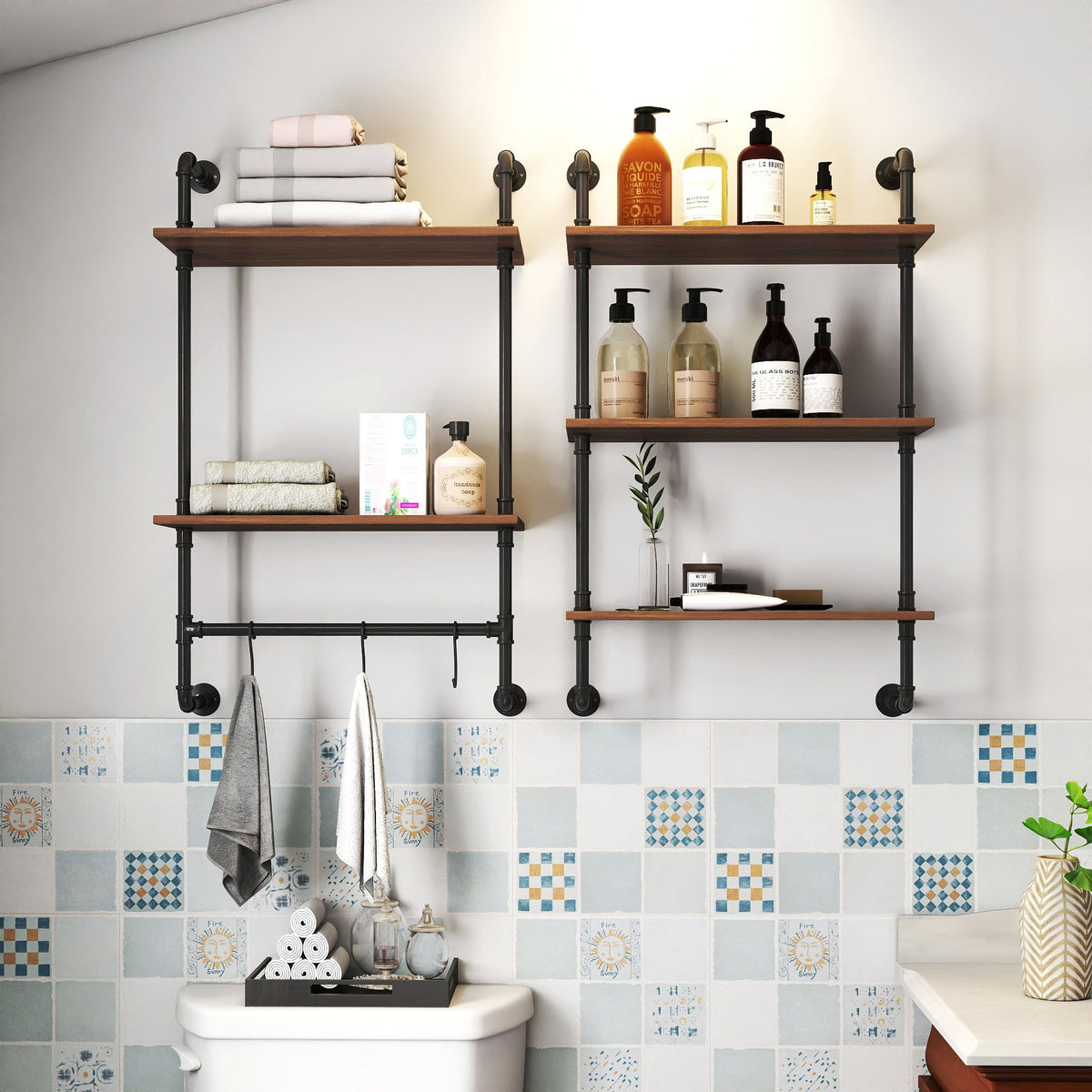 Industrial Pipe Shelf 3-Tier and 2-Tier Wall Mounted Shelves
