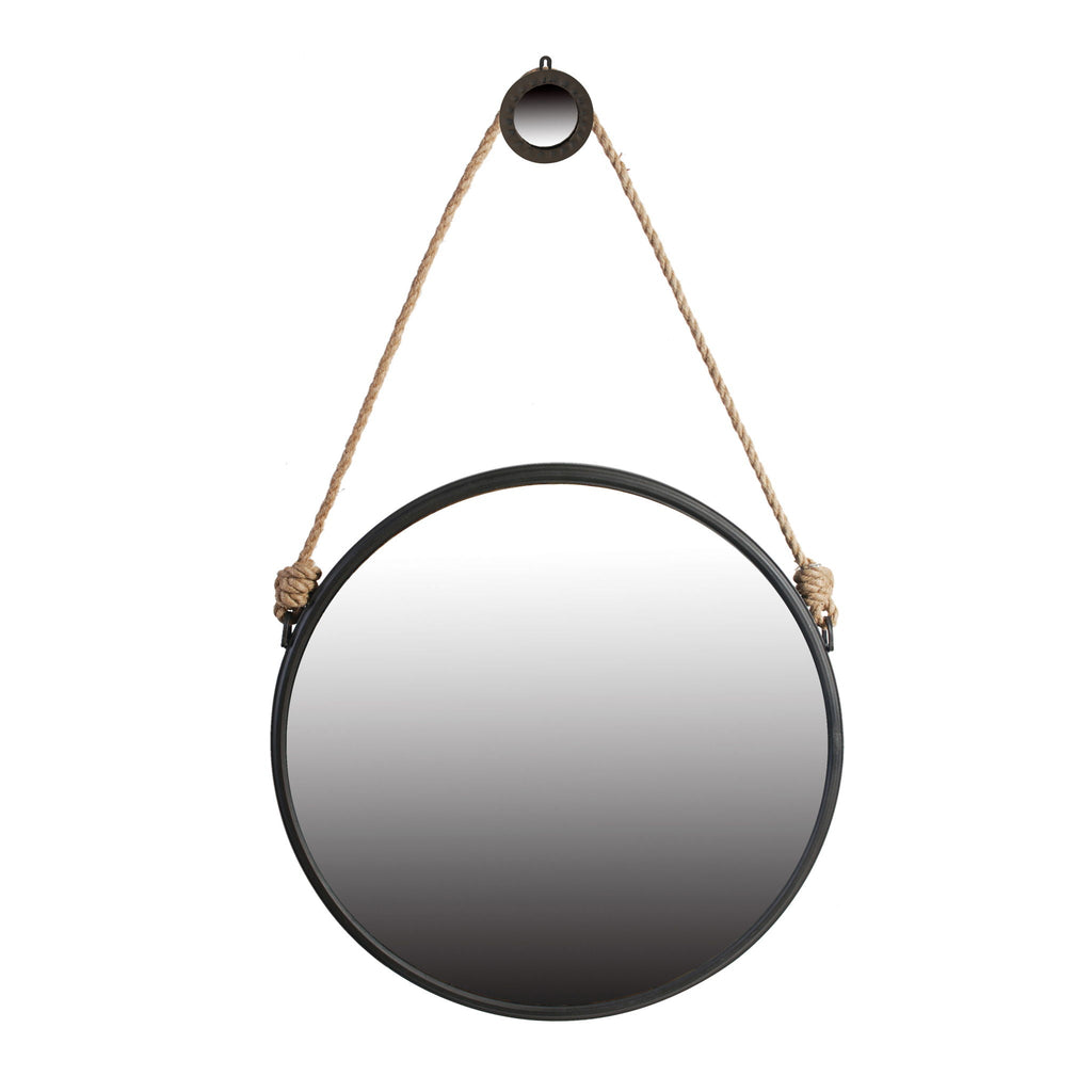 Black Circle Wall Mirror with Rope Strap - Contemporary Metal Frame