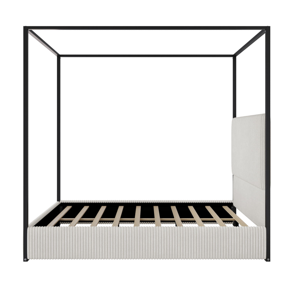Canopy Bed With Tall Upholstered Headboard and Four Poster - White