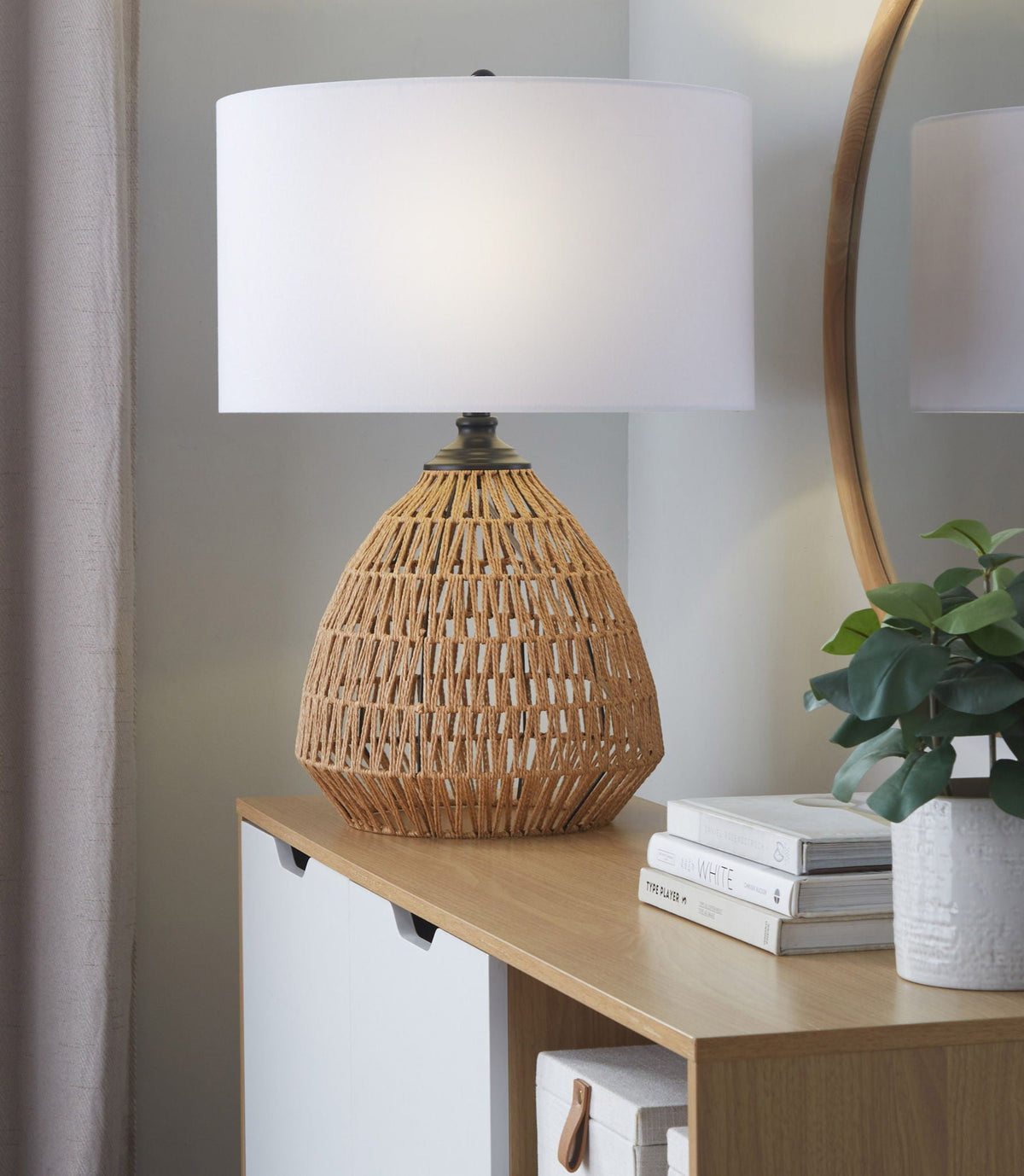 Contemporary Rattan Table Lamp with Linen Shade - Natural / Matte Black / White