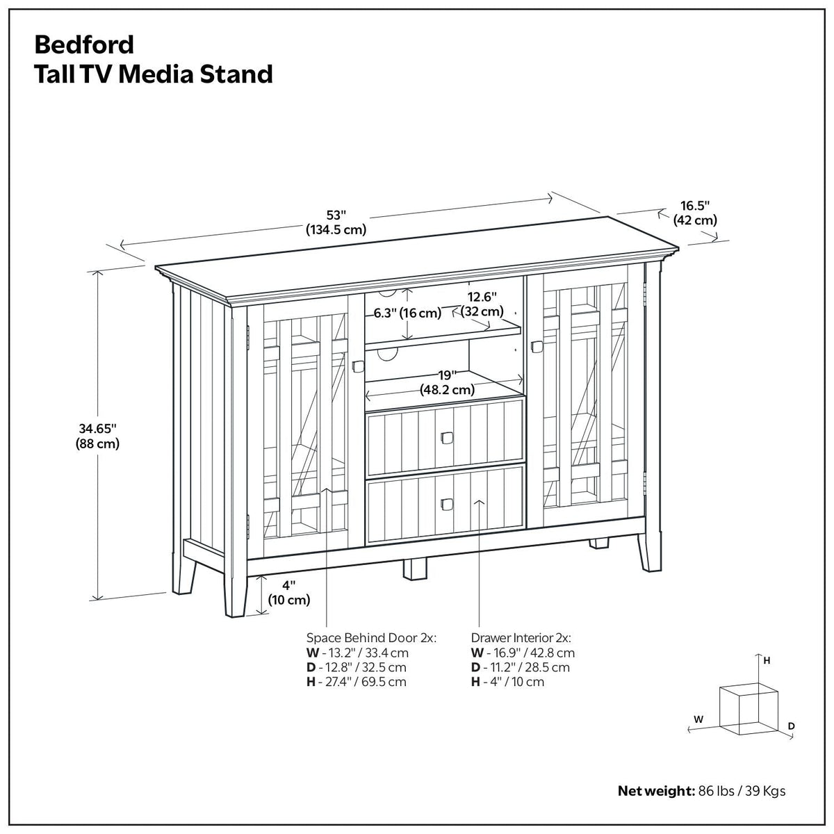 Handcrafted Tall TV Media Stand with Adjustable Storage - Dark Brown, Black, or White