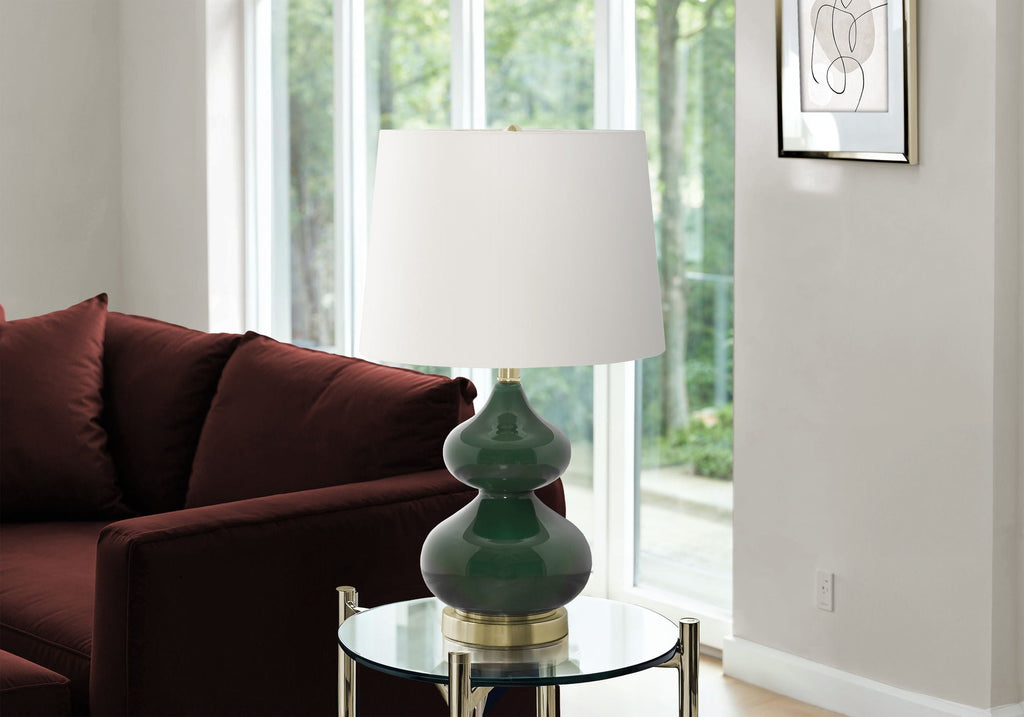 Contemporary Glass Table Lamp with Fabric Shade - Blue or Dark Green