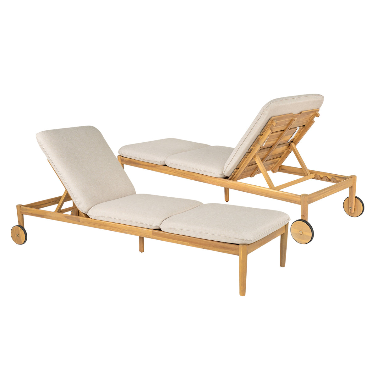 Riviera Outdoor Chaise Lounge with Wheels, Acacia Wood Frame - Natural (Set of 2)