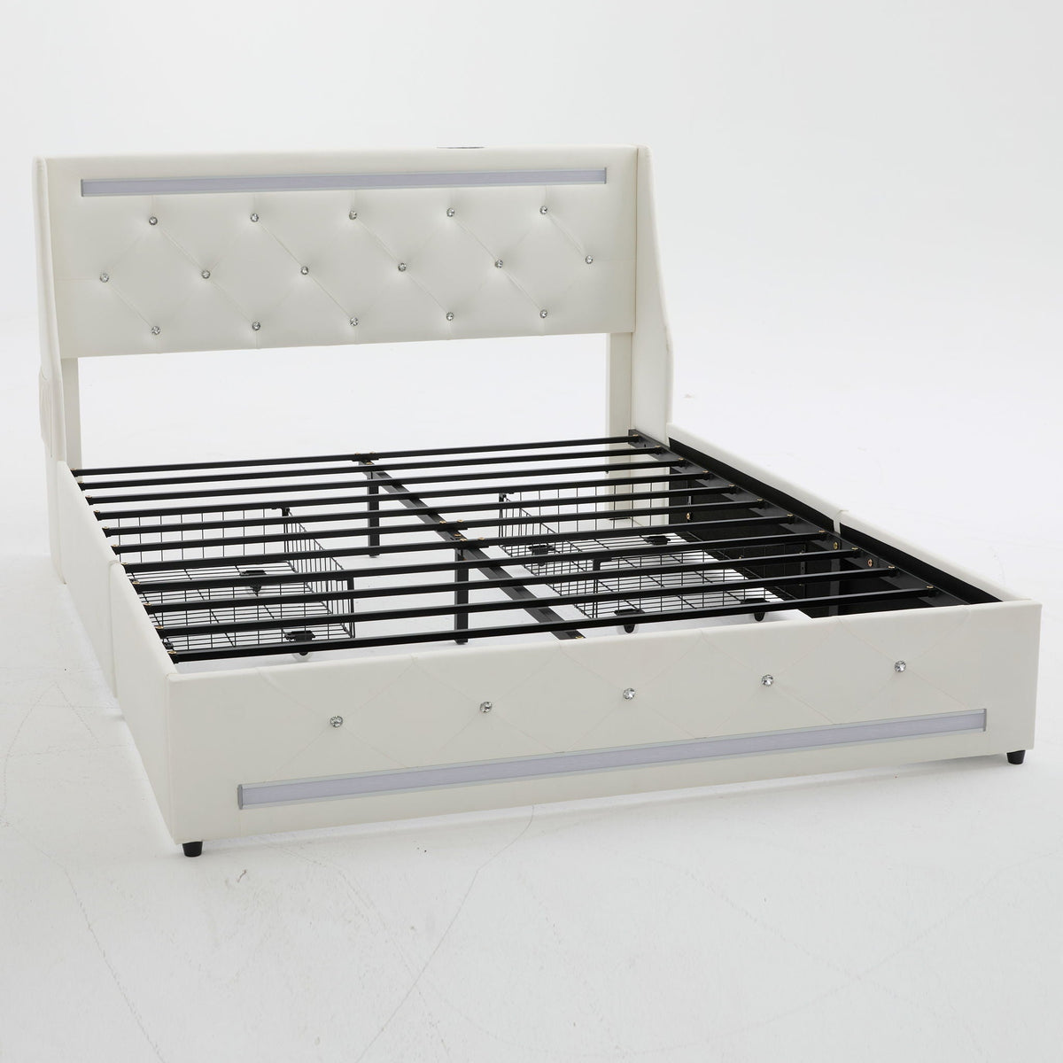 Wingback Upholstered Bed Frame with LED Lights and Charging Station - Black or White