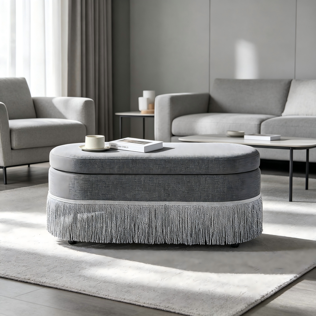 Oval Upholstered Storage Ottoman with Fringe Trim - Multi-Functional Ottoman