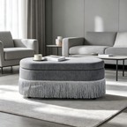 Oval Upholstered Storage Ottoman with Fringe Trim - Multi-Functional Ottoman