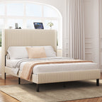 Beige Platform Bed with Metal Frame and USB Charging Station