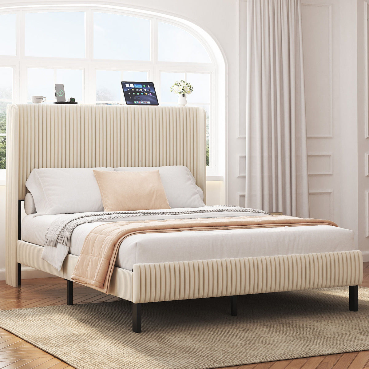 Beige Platform Bed with Metal Frame and USB Charging Station