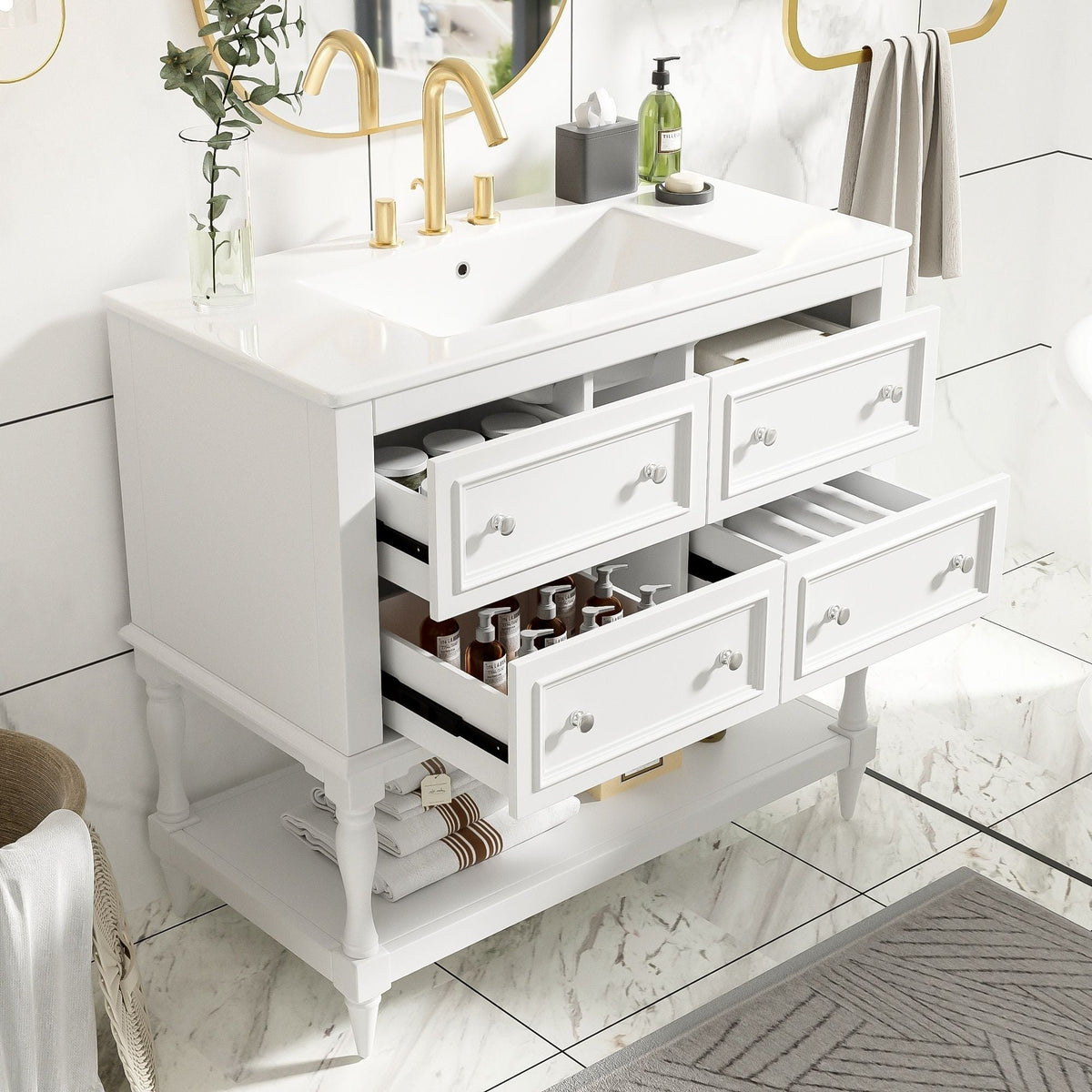 36" Bathroom Vanity Cabinet with Undermount Sink and 4 Drawers - Beige, Black, White