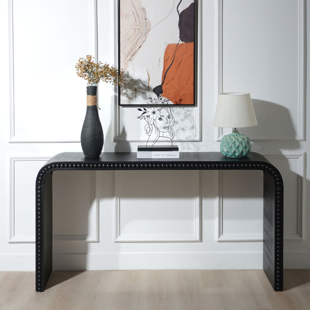 Waterfall Console Table with Seamless Curved Design - Light Brown, White, Black