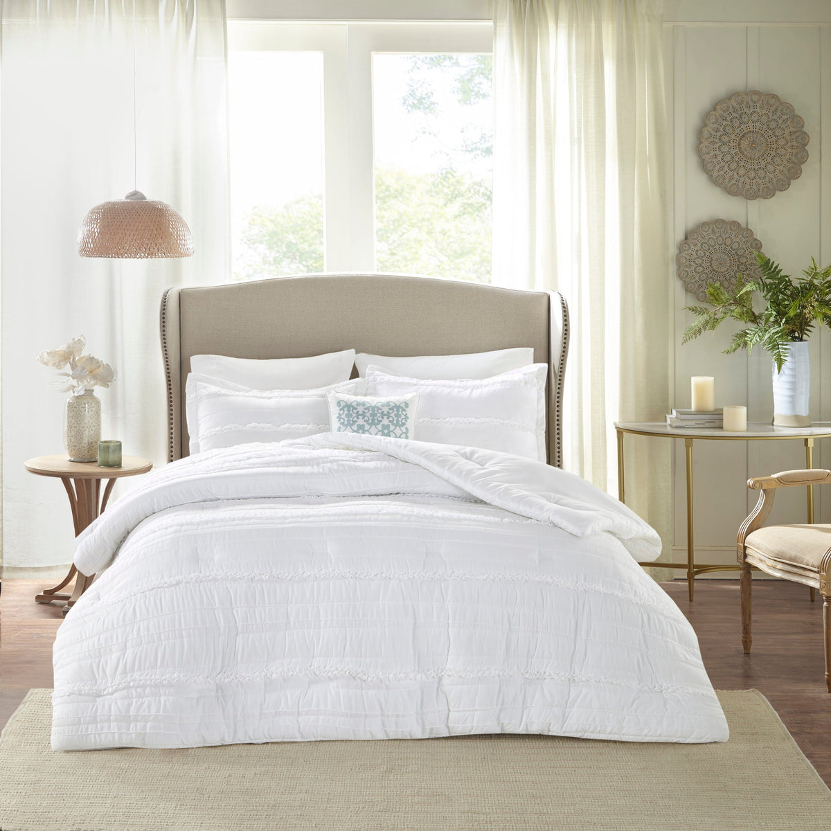 5 Piece Microfiber Ruffled Comforter Set with Hypoallergenic Fill - White