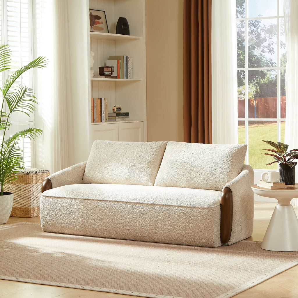 75 Inch Curved Boucle Upholstered Sofa with Solid Wood Frame - White