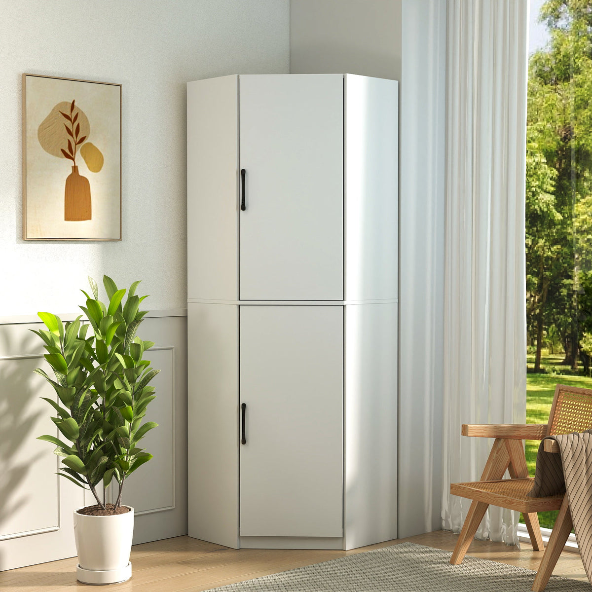 White Corner Kitchen Pantry Cabinet with Vertical Storage - White