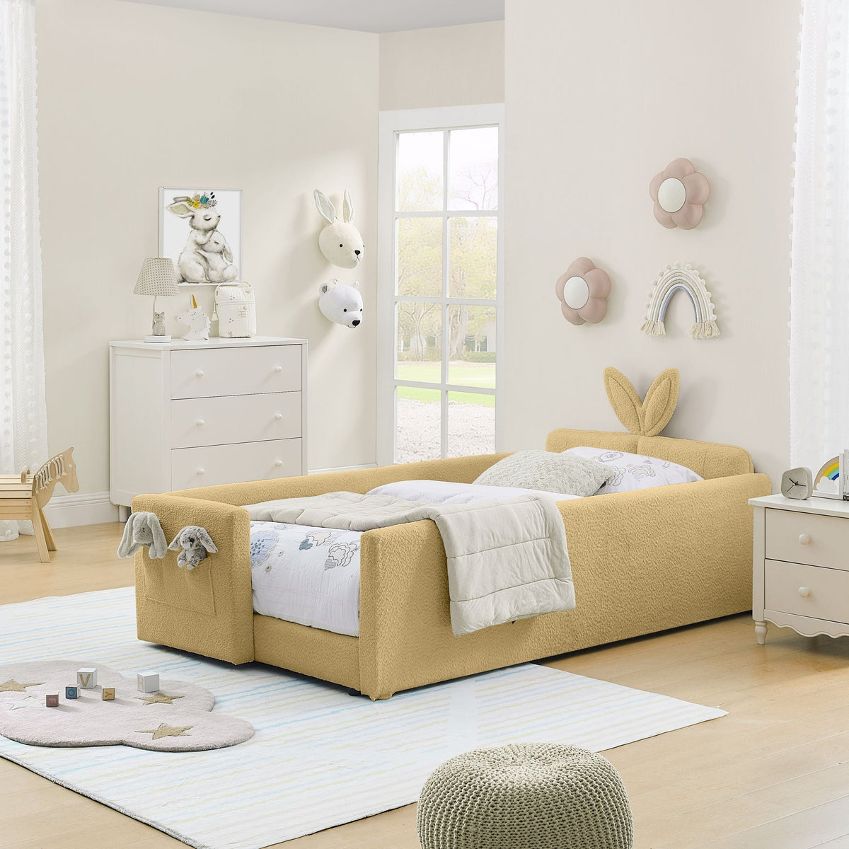 Cute Rabbit Ear Upholstered Platform Bed Frame with Safety Rail - Multiple Colors