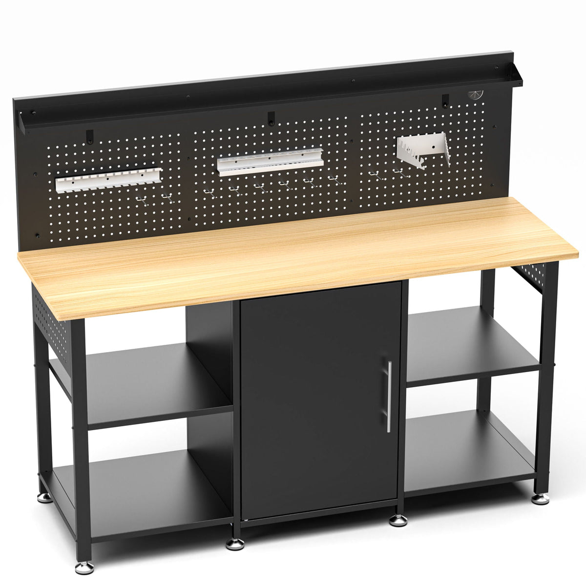 Workbench with Storage Cabinet and Pegboard with Power Outlet - Black