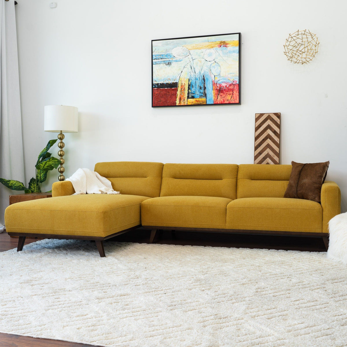 L-Shaped Sectional Couch with Solid Wood Frame and Vegan Upholstery - Yellow or Light Brown