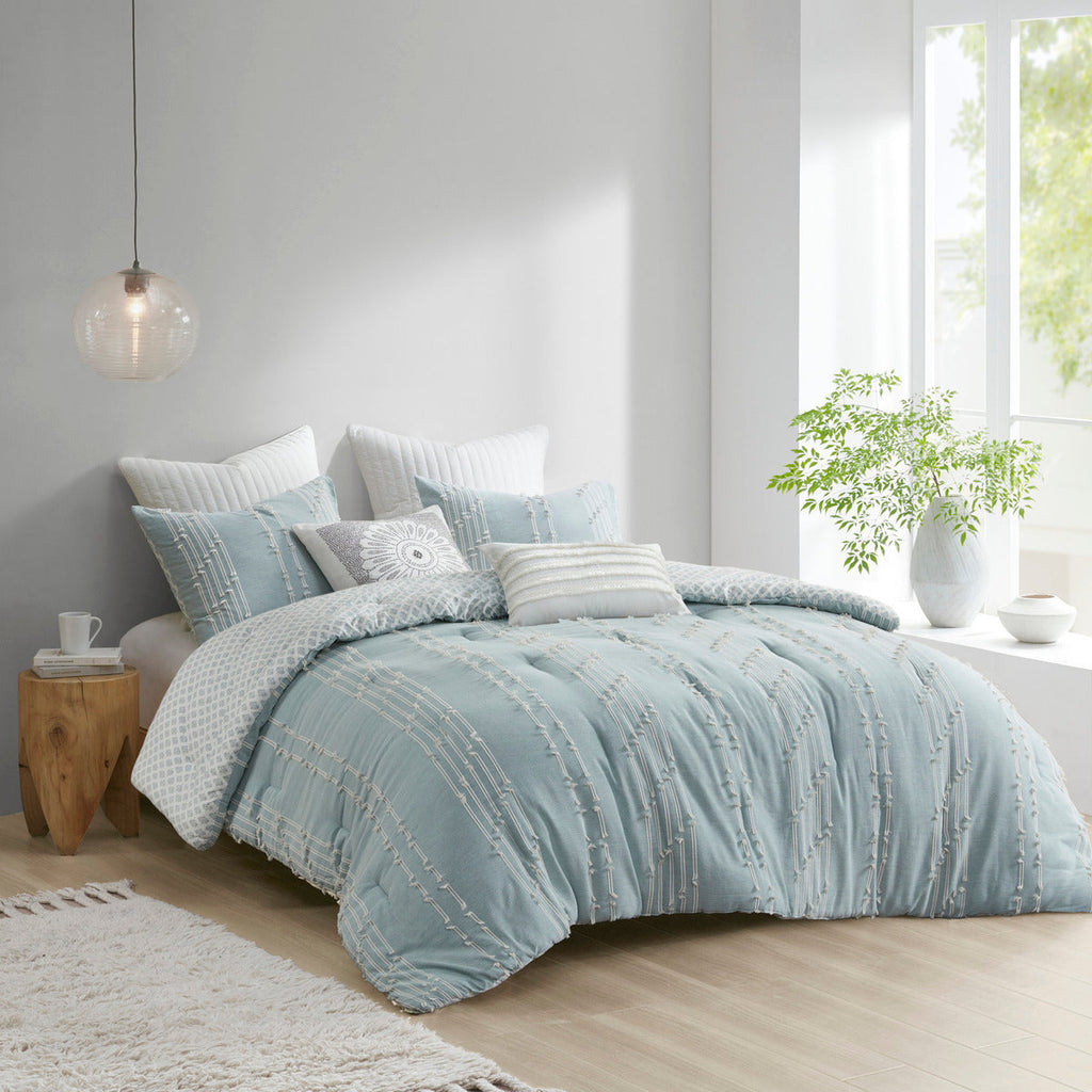Cotton Jacquard Comforter Set with Reversible Design - Aqua
