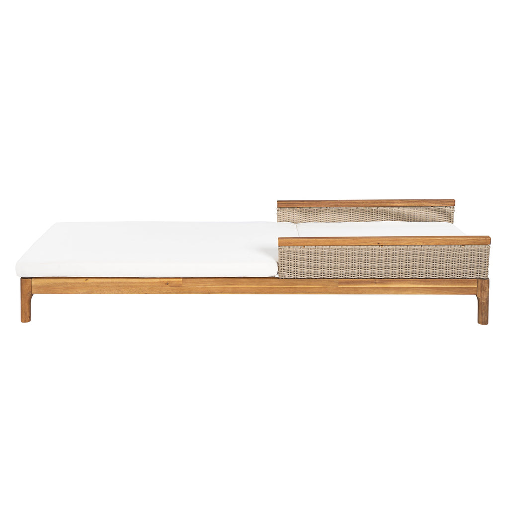Solid Acacia Wood Sun Lounger with Waterproof Beige Cushions - Light Grey Wicker
