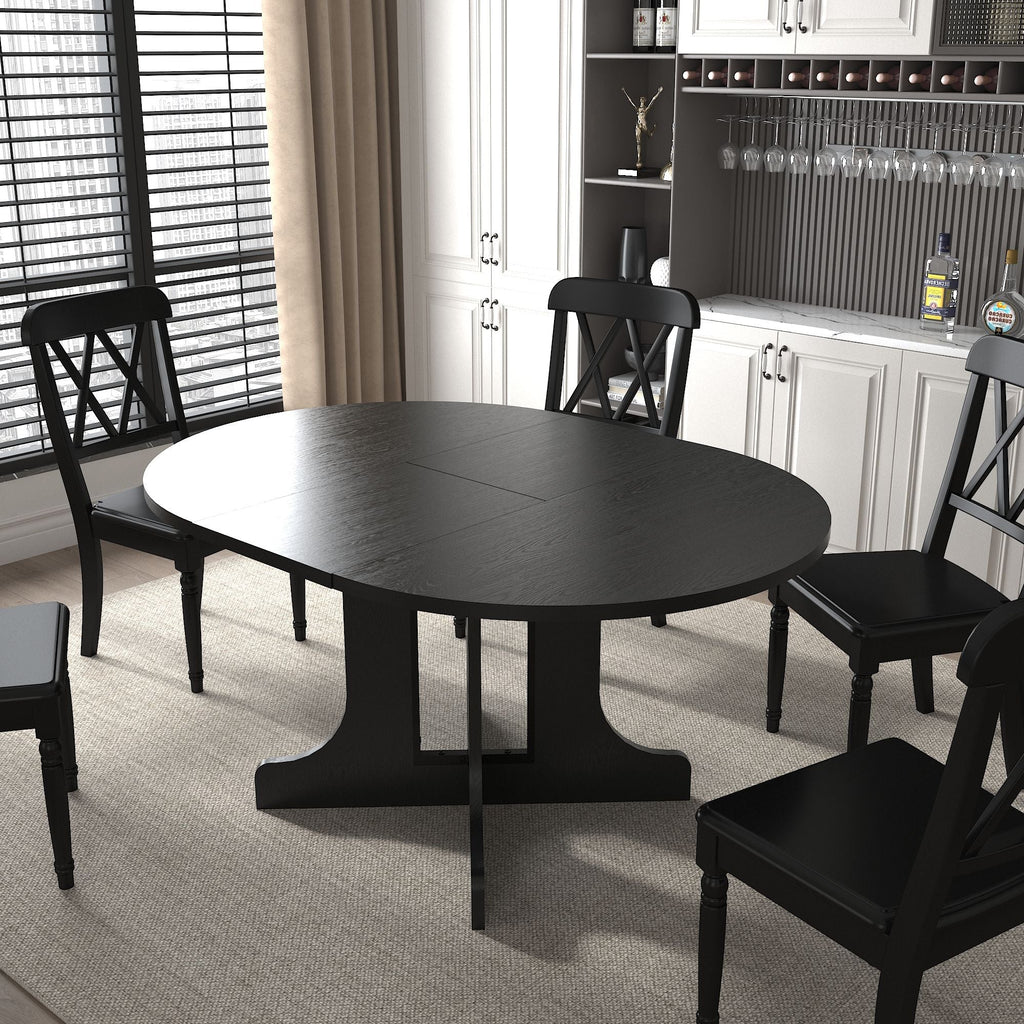 Expandable Oval Farmhouse Dining Table with Removable Leaf and X-Shaped Base - Black