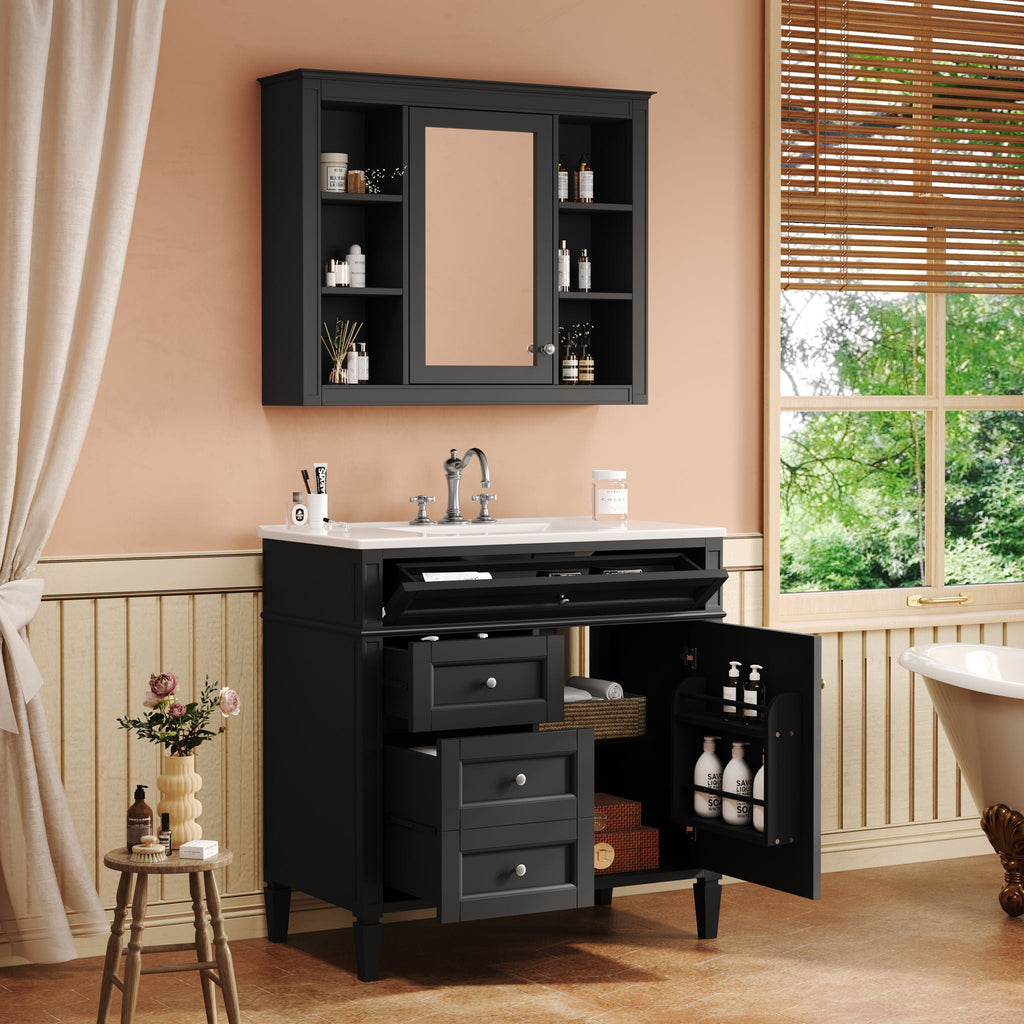 Bathroom Vanity With Mirror Cabinet and Single Sink - Soft-Closing Doors