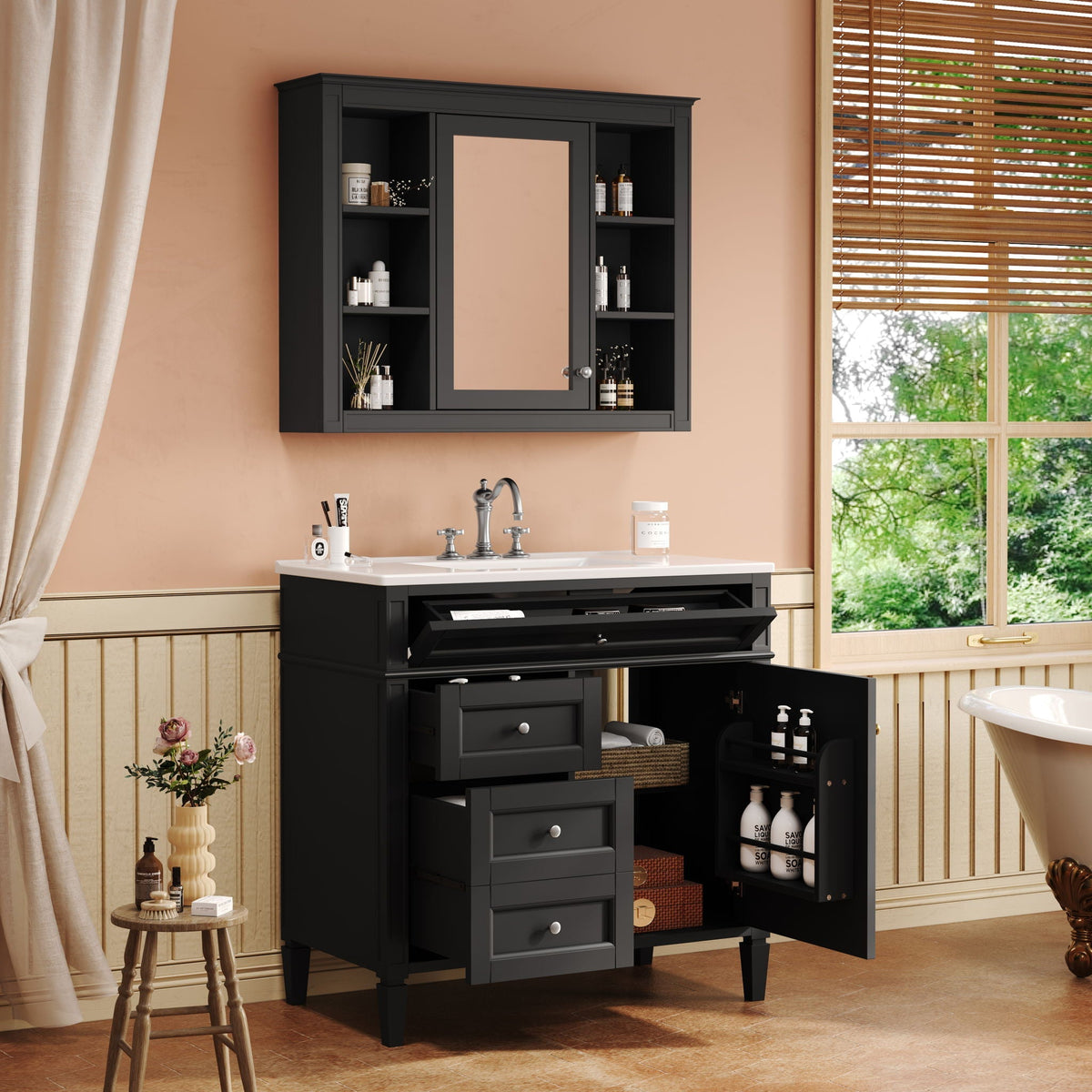 Bathroom Vanity With Mirror Cabinet and Single Sink - Soft-Closing Doors