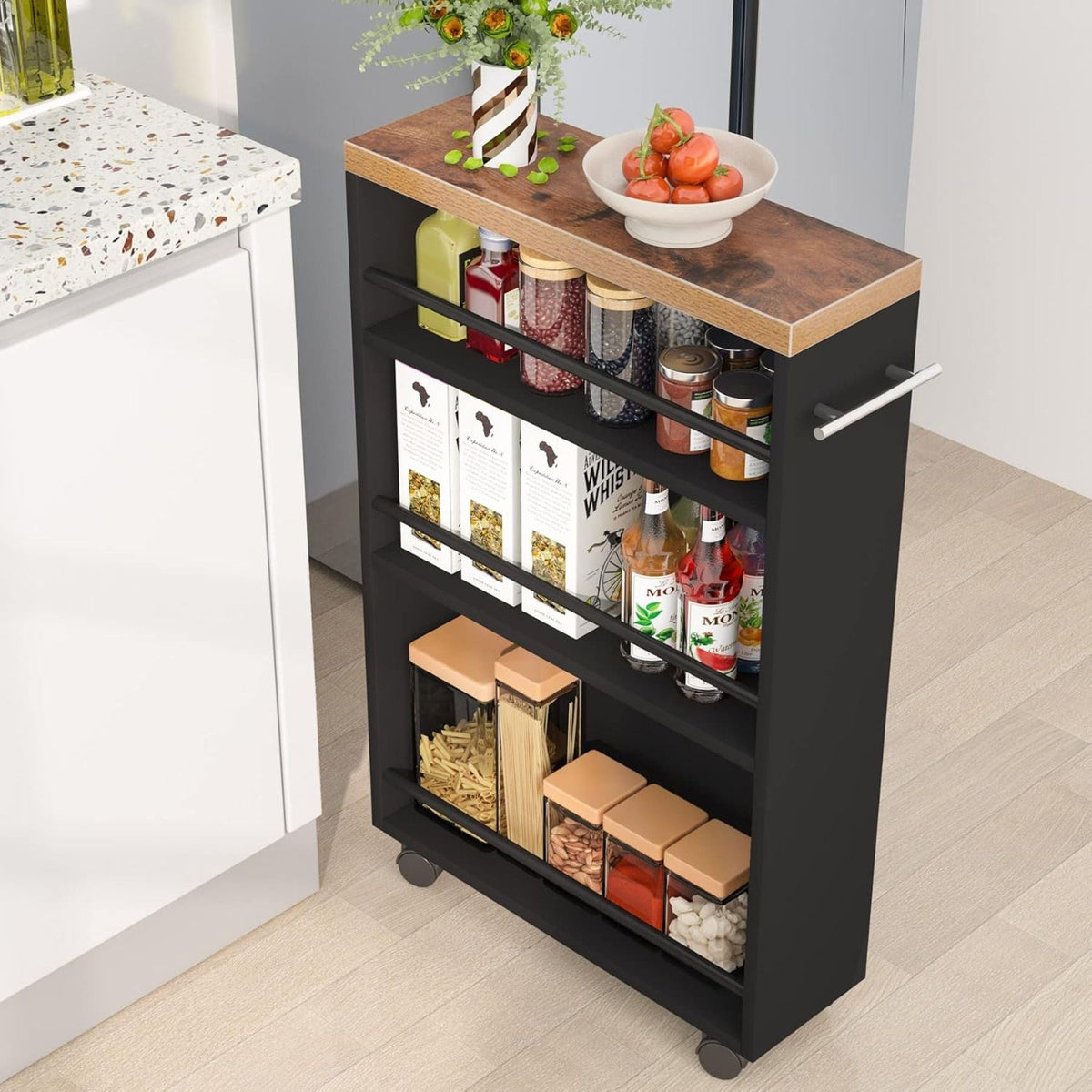 4 Tier Narrow Rolling Kitchen Slim Storage Cart with Locking Wheels – Black or White
