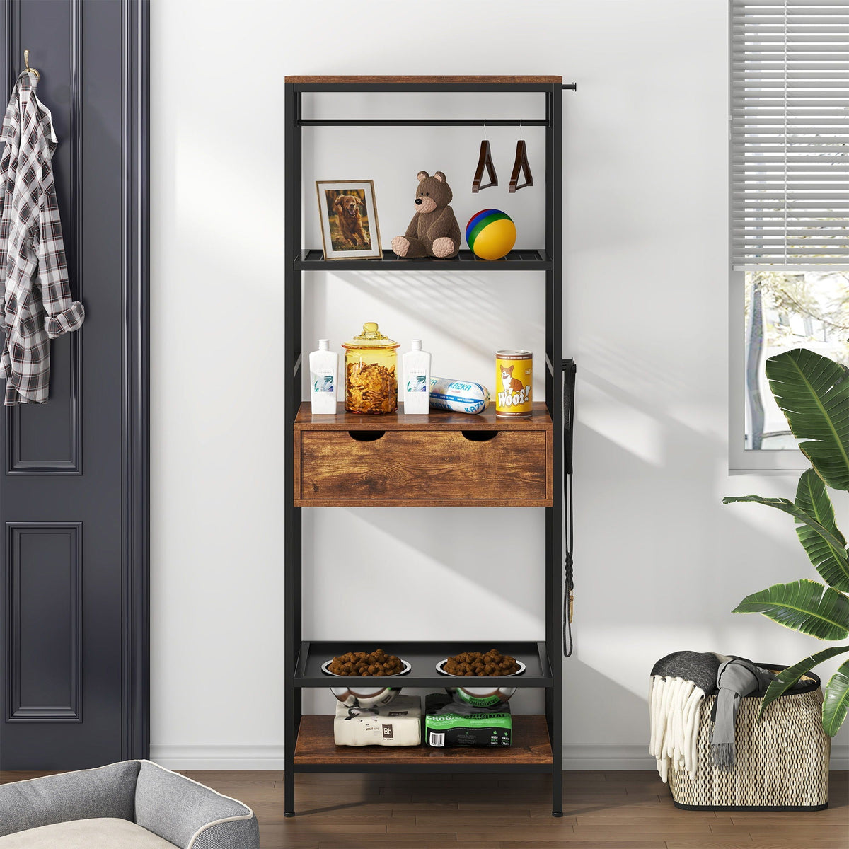 Adjustable Dog Feeding Station with Storage Shelves - Black / Dark Brown