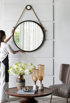 Black Circle Wall Mirror with Rope Strap - Contemporary Metal Frame