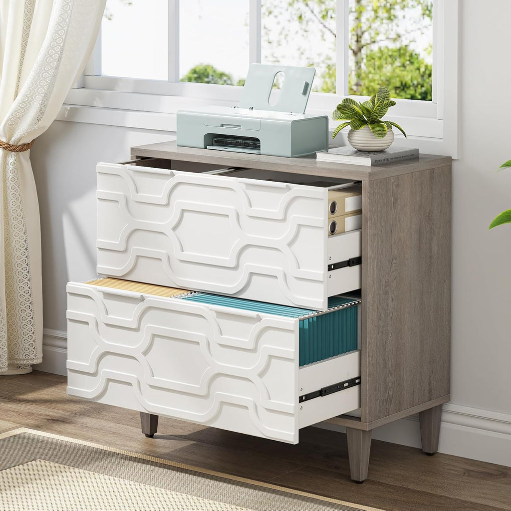 2 Drawer Lateral File Cabinet with Dual-Space Drawers - Gray / White
