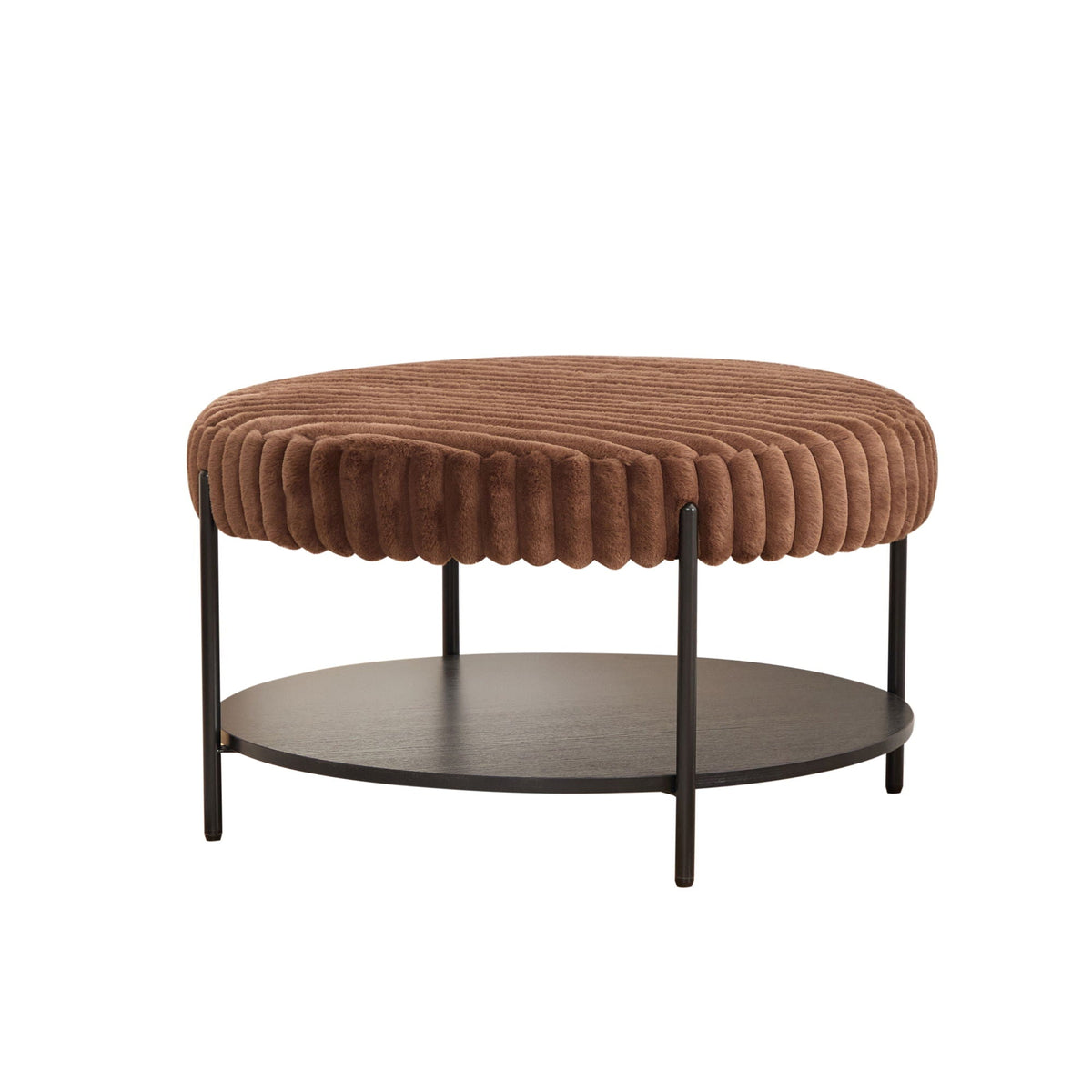Modern Upholstered Round Ottoman Coffee Table with Storage Shelf - Fabric