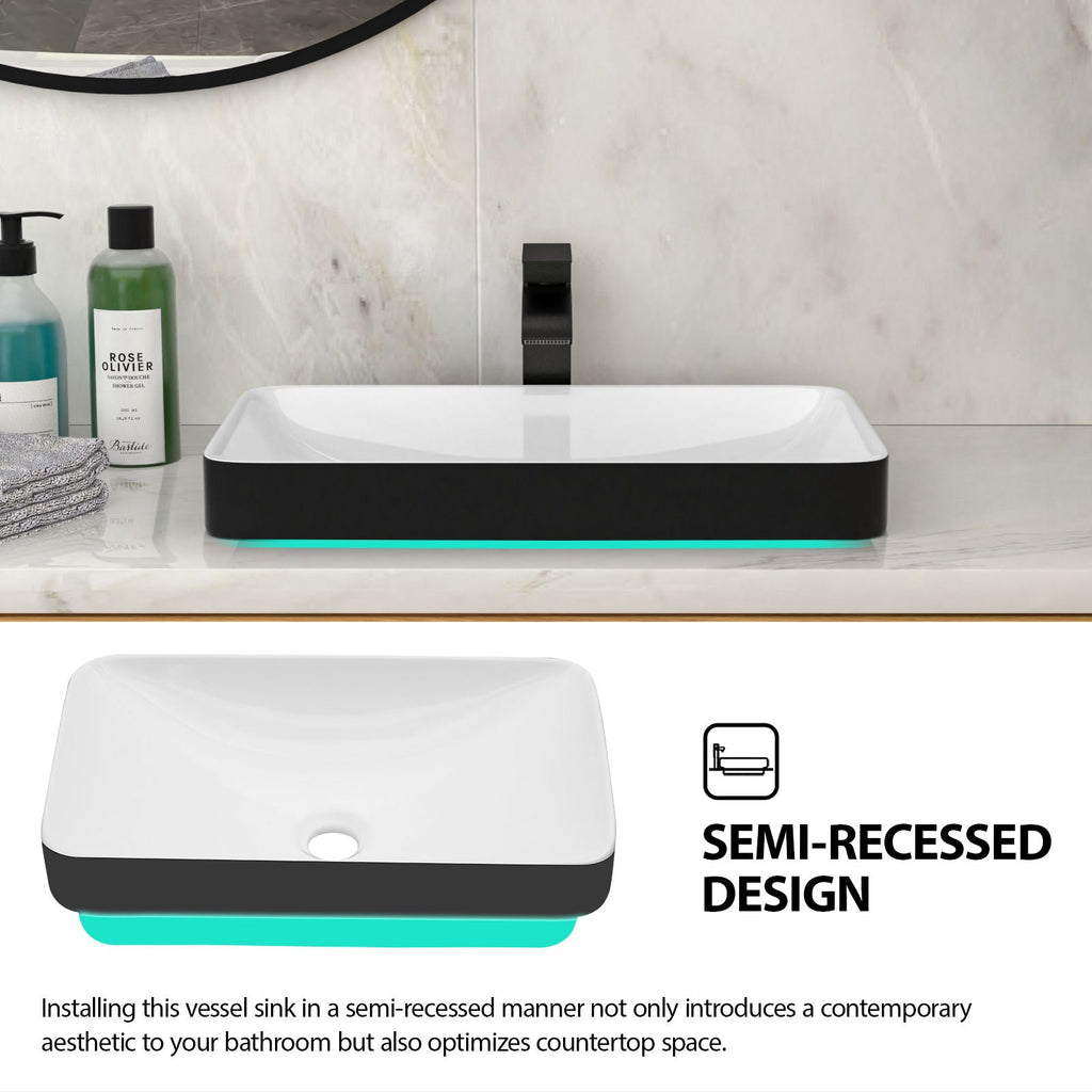 Semi Recessed Bathroom Sink with Vessel Design - Durable Glazed, White / Black