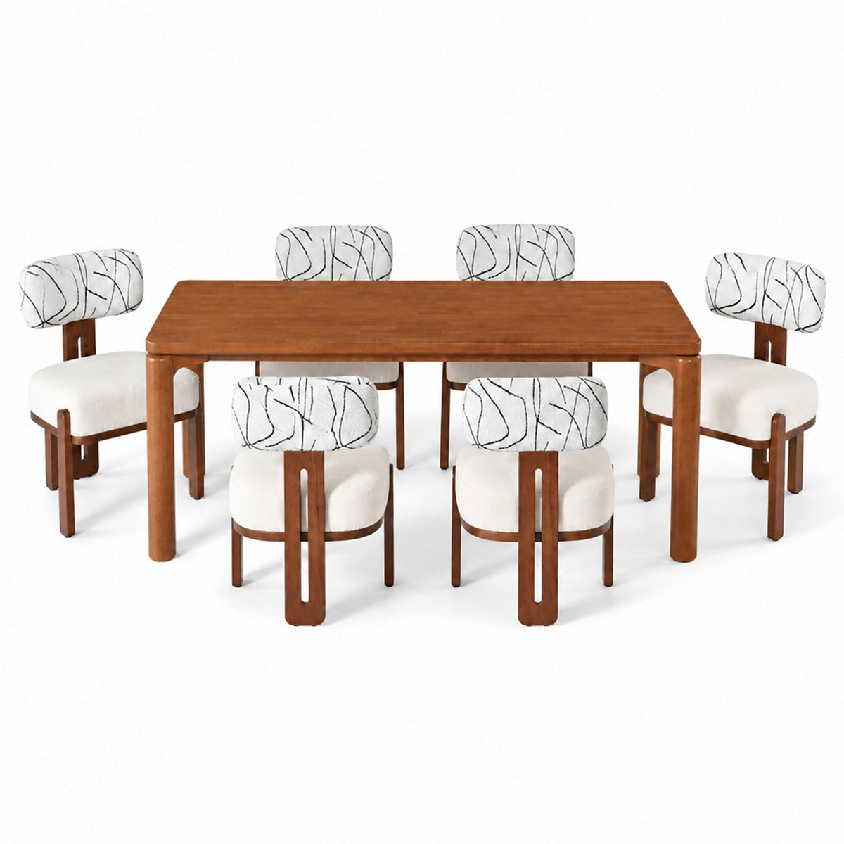 7-Piece Dining Table Set for 6 with Rubber Wood Table - Beige, Dark Brown, Light Gray, Walnut