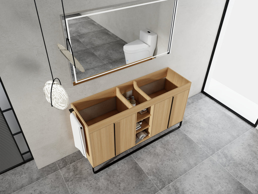 60-Inch Freestanding Bathroom Cabinet with Soft Close Doors & Open Storage - Oak
