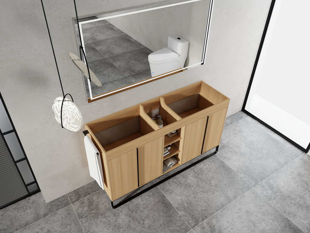 60-Inch Freestanding Bathroom Cabinet with Soft Close Doors & Open Storage - Oak