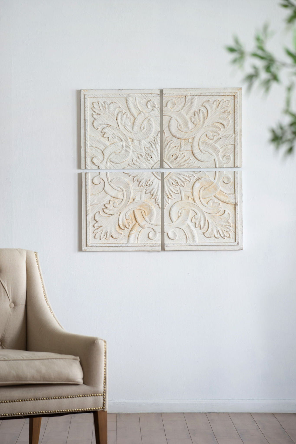 Distressed Wooden Square Wall Panels with Intricate Medallion Design - White