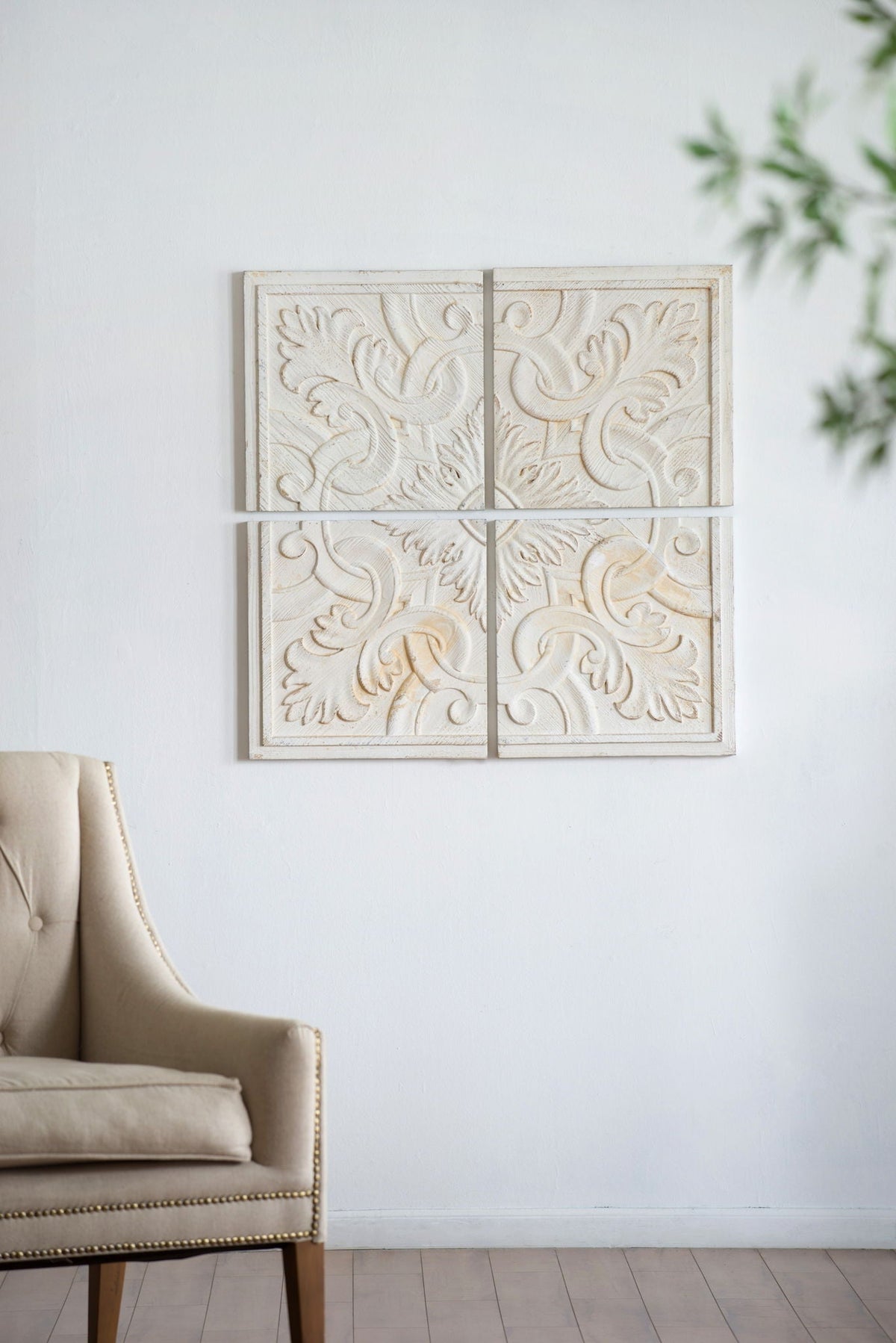 Distressed Wooden Square Wall Panels with Intricate Medallion Design - White