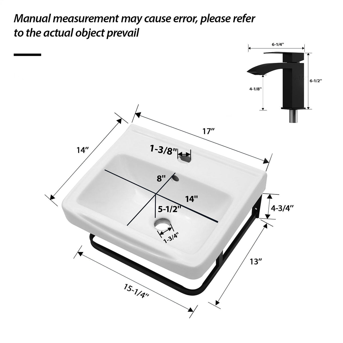 Wall Mounted Bathroom Sink with Towel Bar & Overflow - White / Black