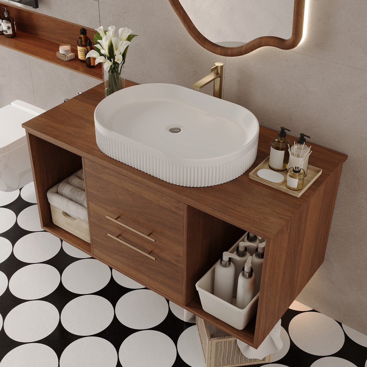 Wall-Mounted Bathroom Vanity with Ceramic Sink - Solid Wood, Floating Design