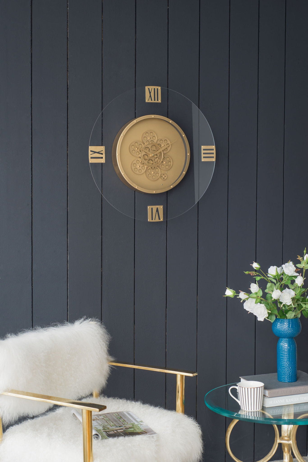 Round Moving Gear Wall Clock with Roman Numerals - Multicolor