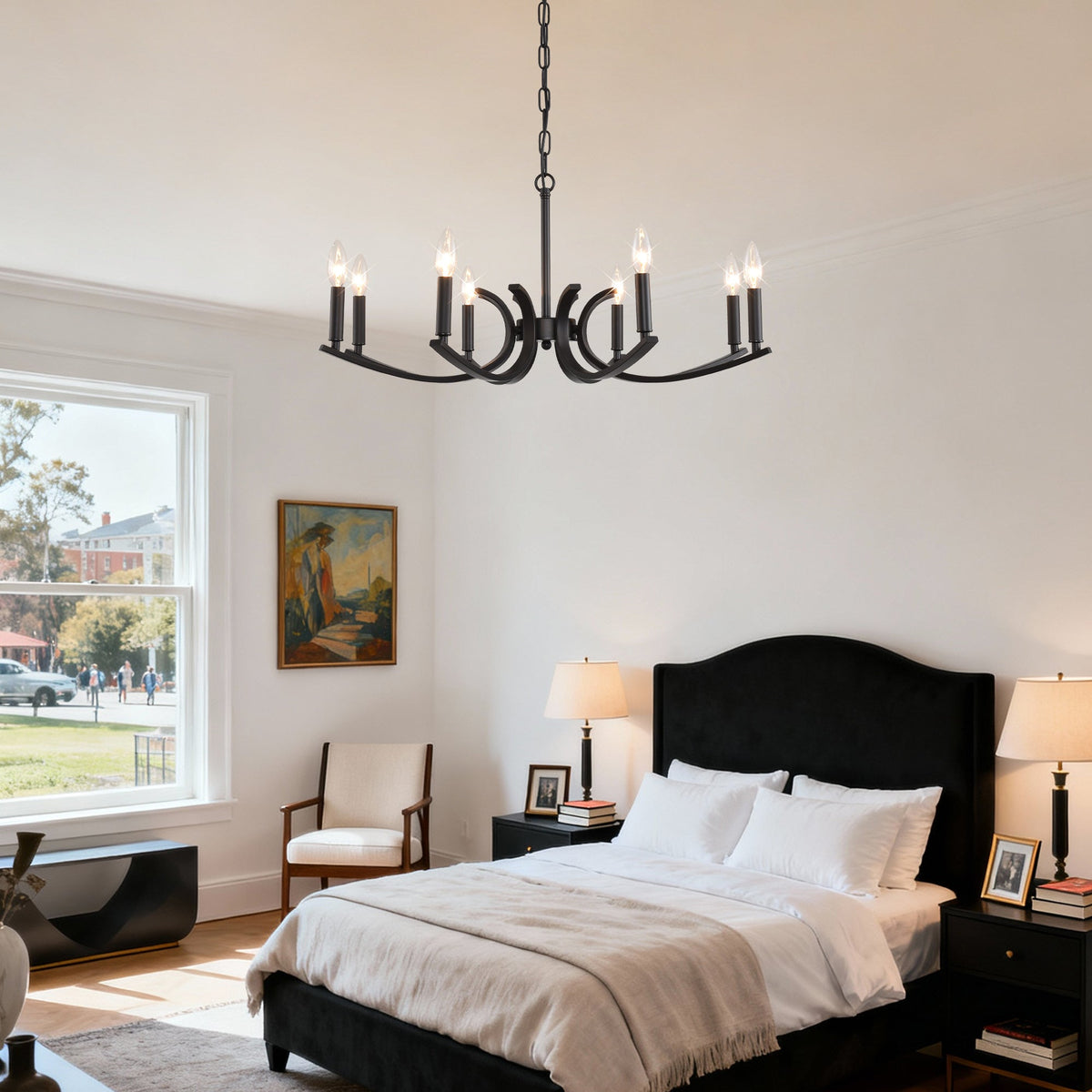 8-Light Farmhouse Chandelier with Adjustable Height - Black Metal