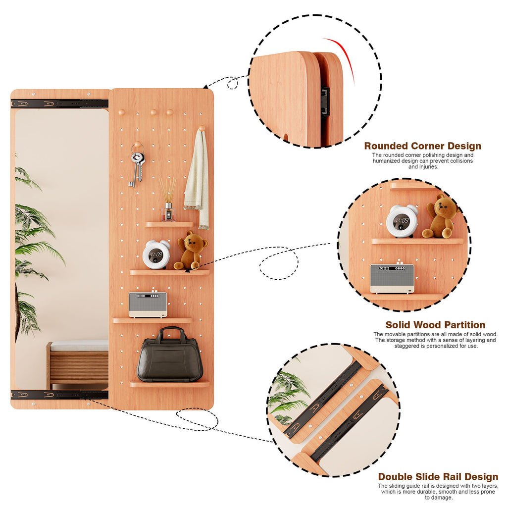 Full Length Wall Mounted Mirror with Shelf and Hook - Dark Brown, White, or Light Brown