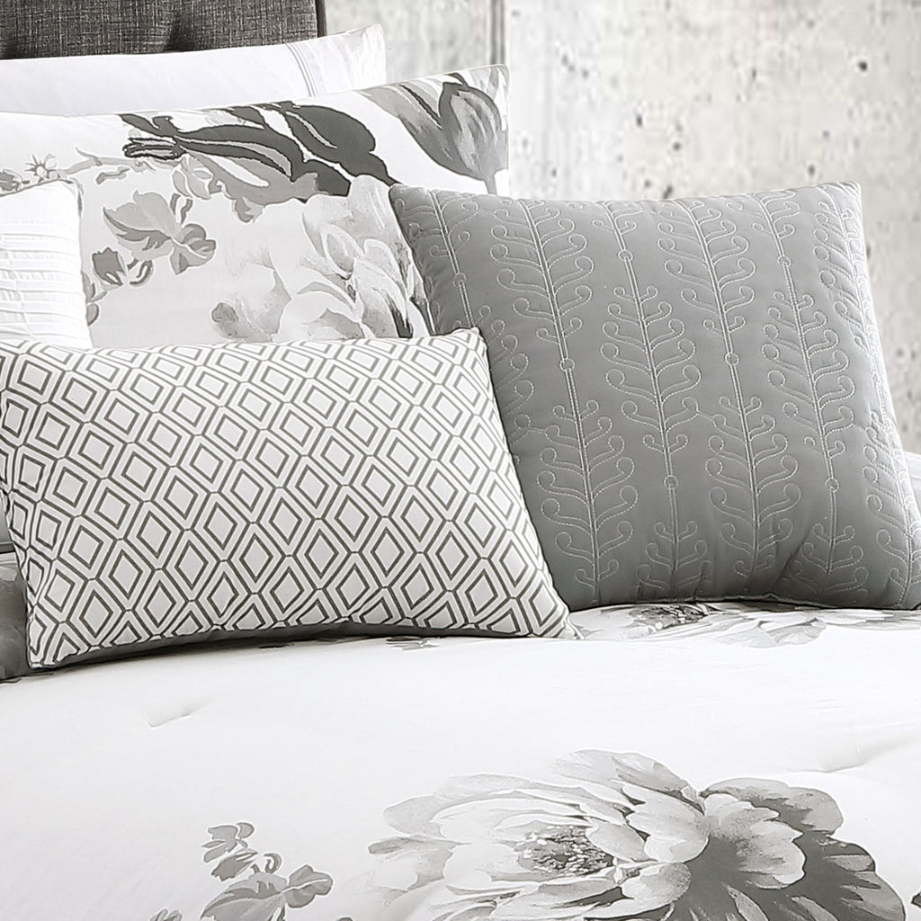 Black and White Floral Comforter Set with Reversible Backing - 7 Piece