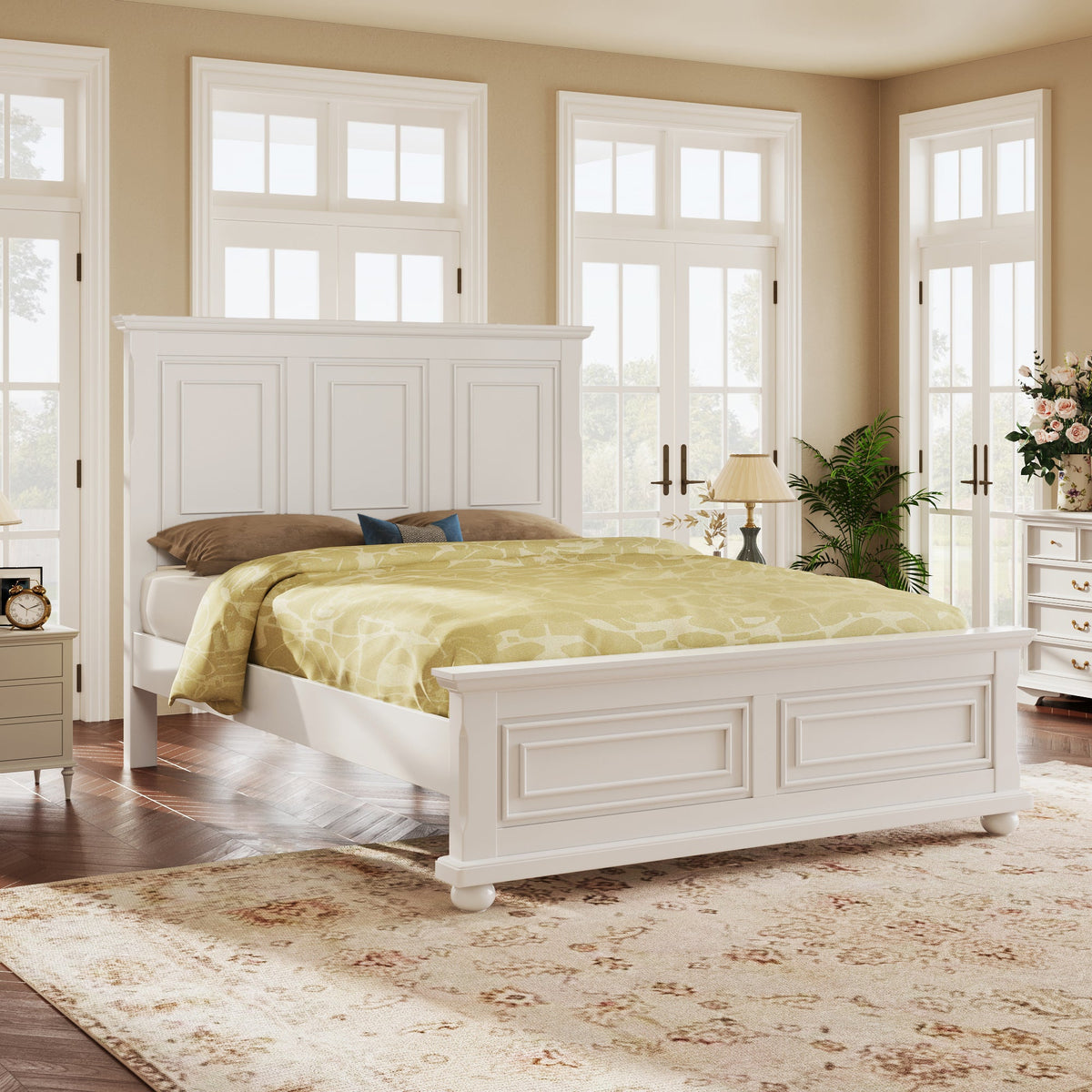 Pinewood Vintage Tall Headboard King Bed Frame with Classic Details - White