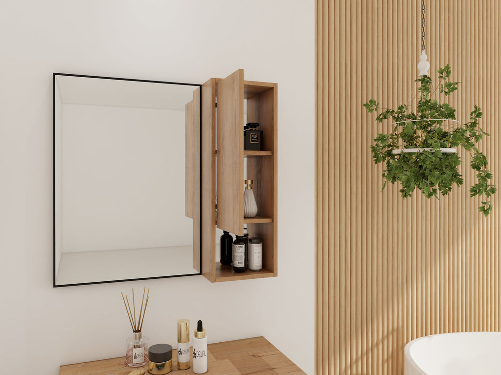 Imitative Oak Wall Mounted Bathroom Mirror Cabinet with Soft Close Door