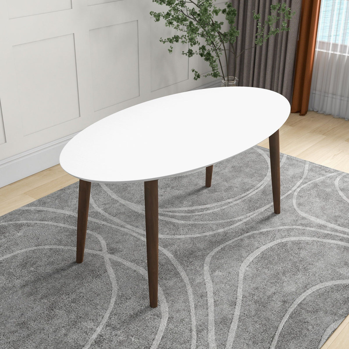 Mid-Century Modern Oval Dining Table with Solid Wood Construction - White