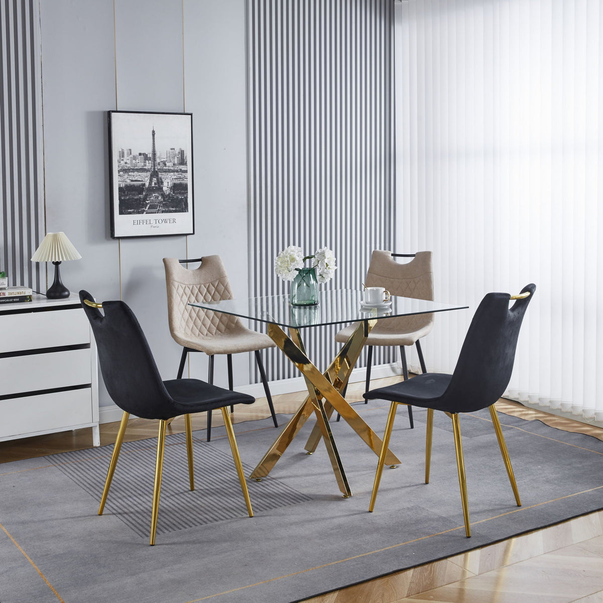 Modern Tempered Glass Dining Table with Cross Metal Legs - Multiple Colors