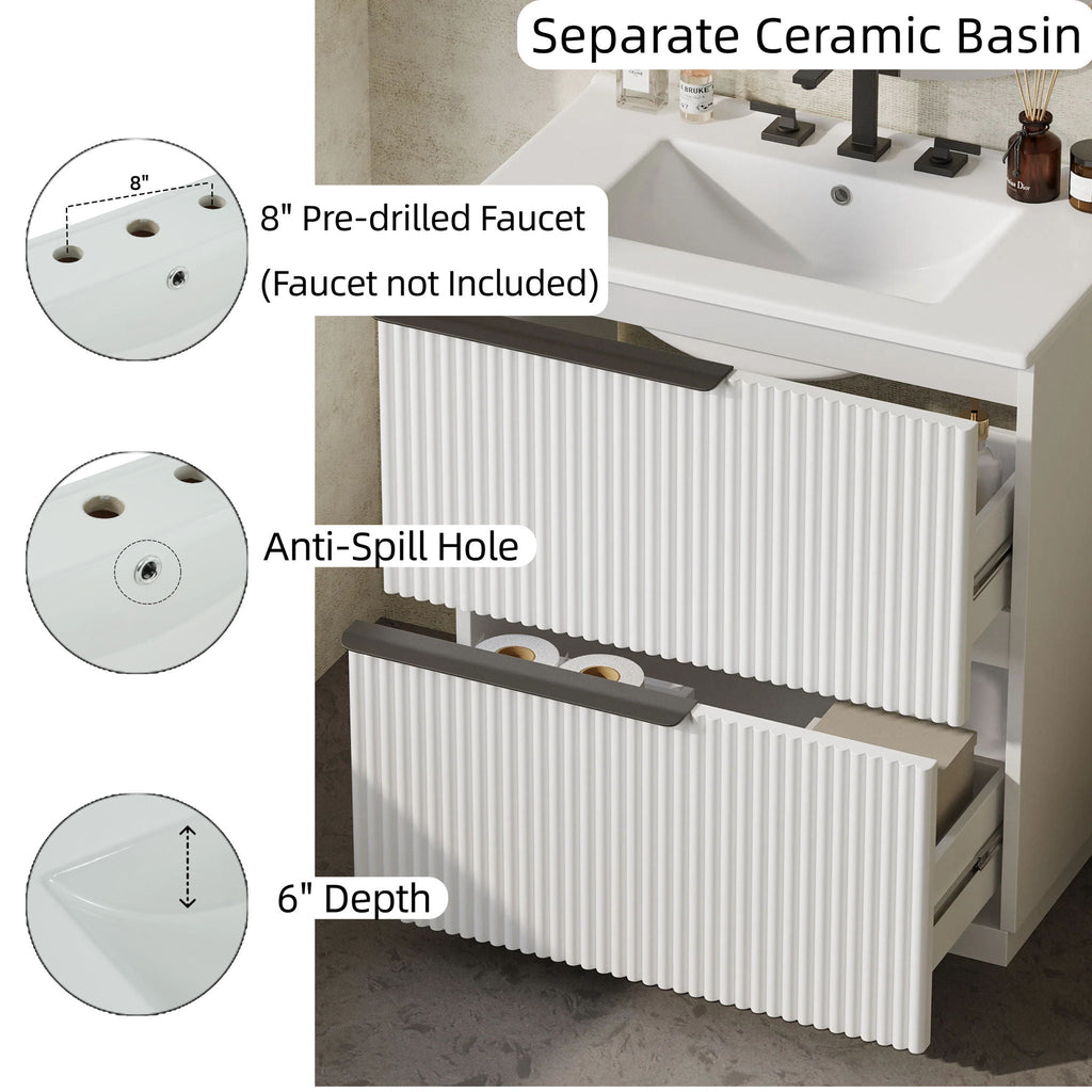 Fluted Bathroom Vanity with Ceramic Sink and Moisture-Proof Cabinet - 30" Wide