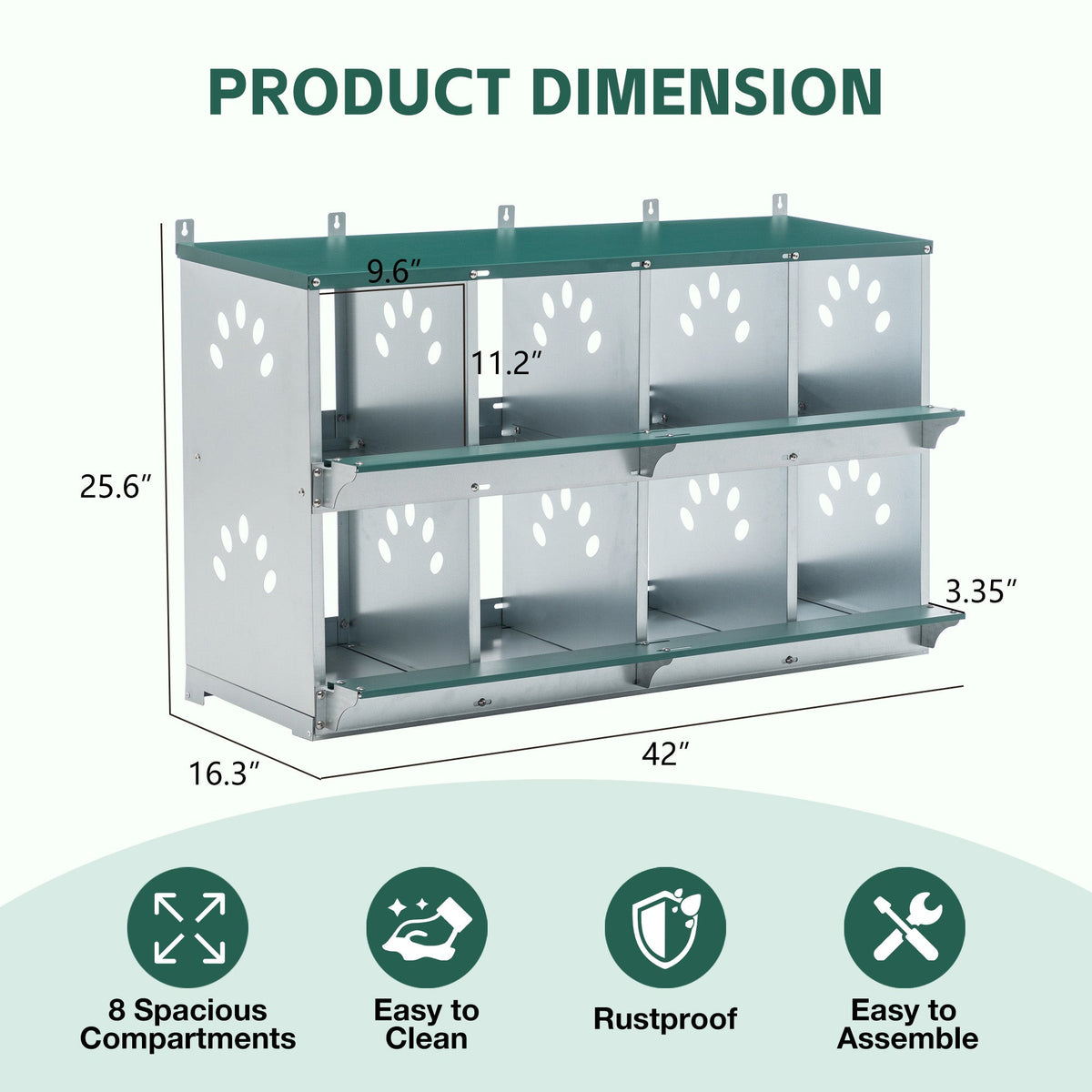 8 Compartment Chicken Nesting Boxes with Wall Mount - Green